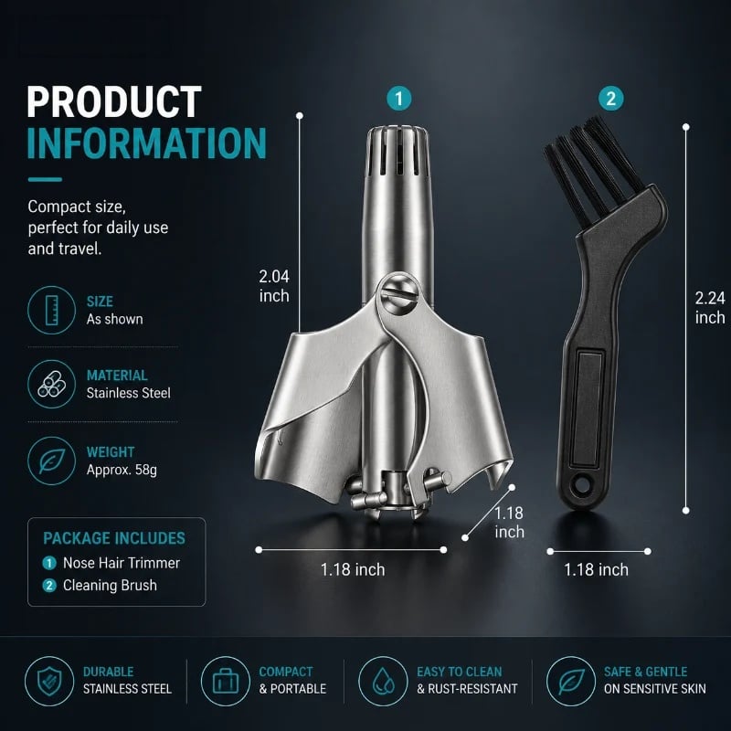 Manual Nose Hair Trimmer – Stainless Steel 360° Trimmer, Waterproof & No Battery Required