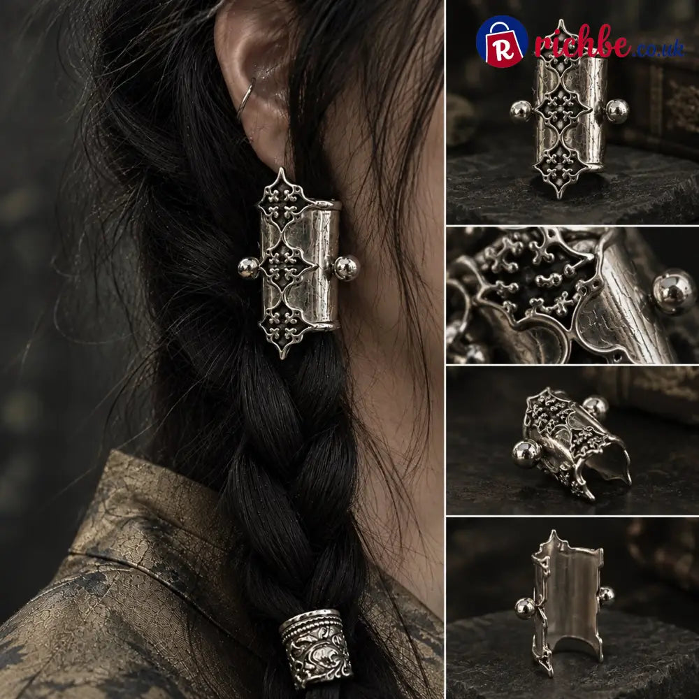 🖤2Pcs Gothic Filigree Hair Cuff for Braids Vintage Antique Silver Medieval Hair Ring Dark Romantic Hair Jewelry Accent
