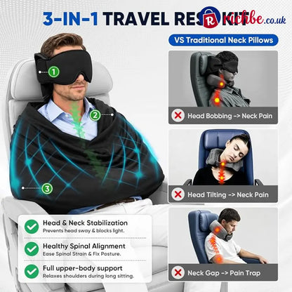 3-in-1 Travel Pillow with Eye Mask – Neck Support for Airplane Car & Train