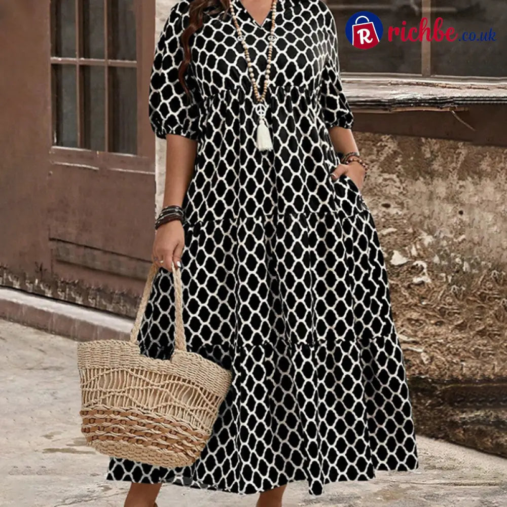 📢📢30% OFF!! ⏰Women’s Casual Bohemian Printed Maxi Dress - Black 💕 / XL / UK 12-14 - Clothing & Accessories