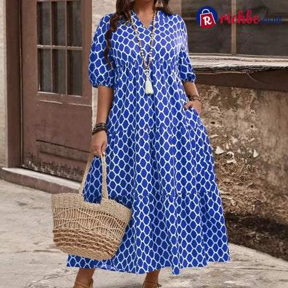 📢📢30% OFF!! ⏰Women’s Casual Bohemian Printed Maxi Dress - Blue 🔥 / XL / UK 12-14 - Clothing & Accessories