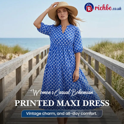 📢📢30% OFF!! ⏰Women’s Casual Bohemian Printed Maxi Dress - Clothing & Accessories
