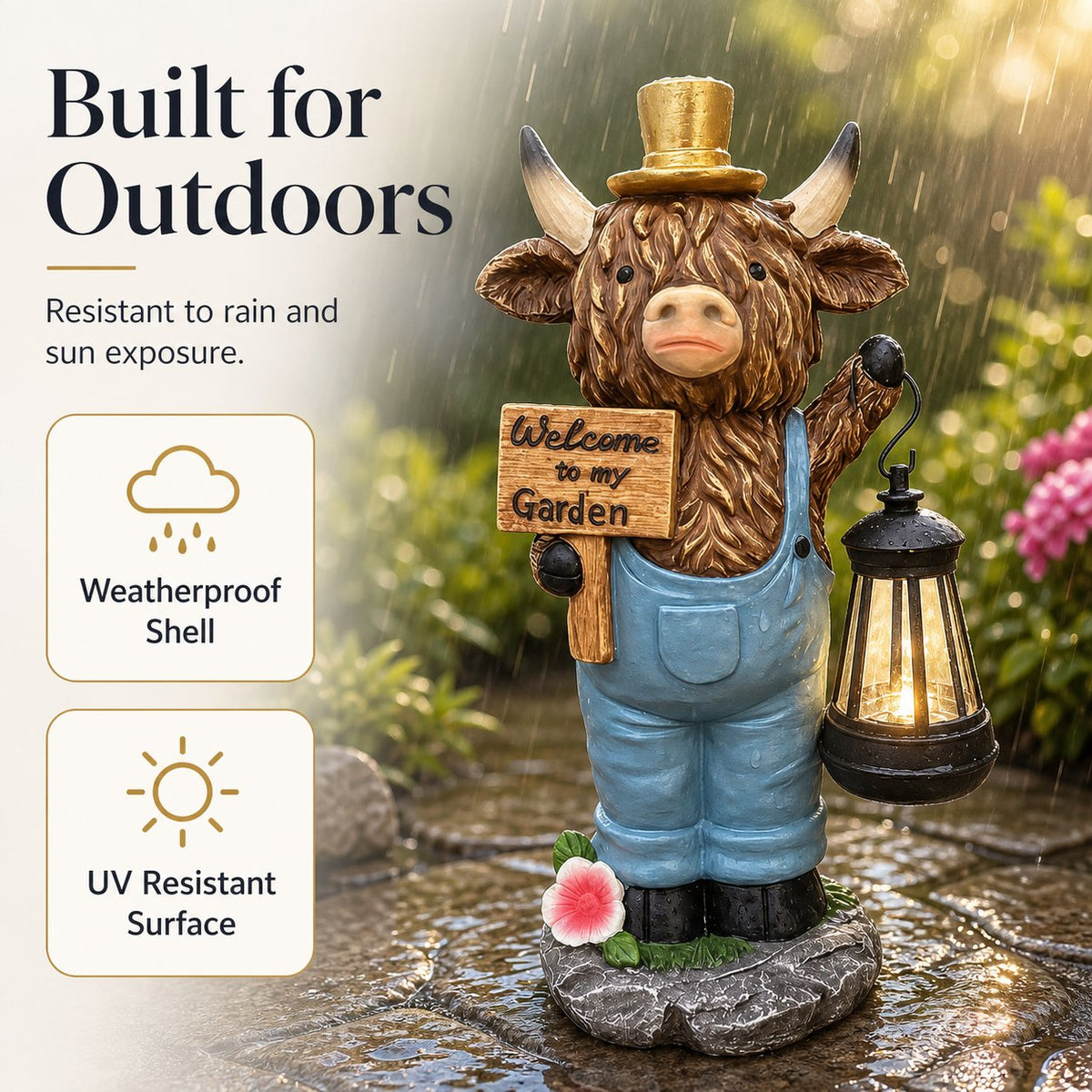 Highland Cow Garden Statue with Solar Lantern and Welcome Sign