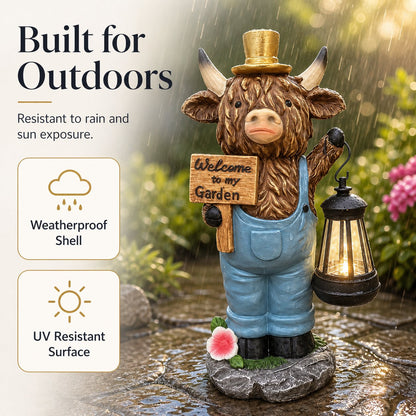 Highland Cow Garden Statue with Solar Lantern and Welcome Sign