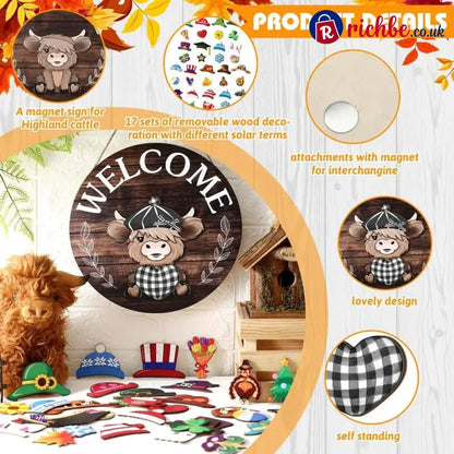 🐮 35-Piece Interchangeable Highland Cow Welcome Sign – Seasonal Magnetic Door Decor