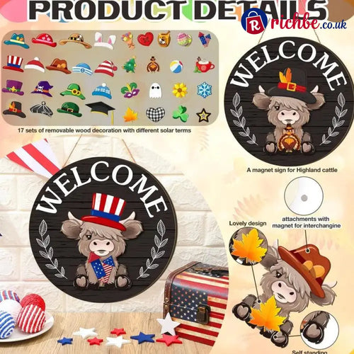 🐮 35-Piece Interchangeable Highland Cow Welcome Sign – Seasonal Magnetic Door Decor