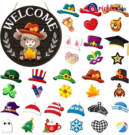 🐮 35-Piece Interchangeable Highland Cow Welcome Sign – Seasonal Magnetic Door Decor - Black / 11.8*11.8*0.2 inch
