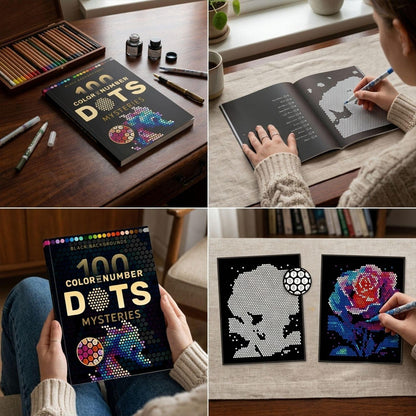 Adult Color by Number Dot Book, 100 Pages Black Background Mystery Puzzles, Large Print A4 Activity Book, Stress Relief Gift for Adults & Teens