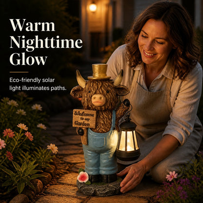 Highland Cow Garden Statue with Solar Lantern and Welcome Sign