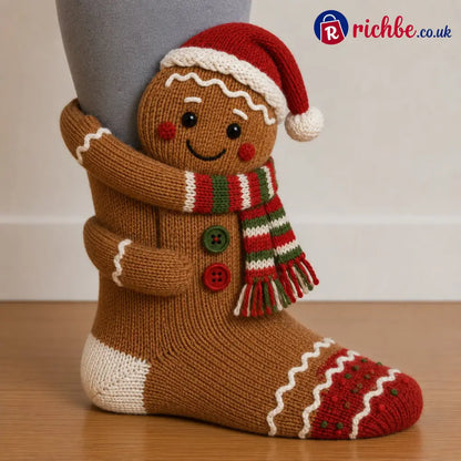 3D Hugging Christmas Socks – Cute Knit Holiday Socks 5 Festive Designs - Gingerbread Man
