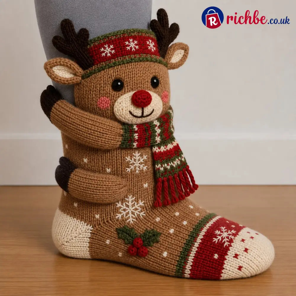3D Hugging Christmas Socks – Cute Knit Holiday Socks 5 Festive Designs - Reindeer