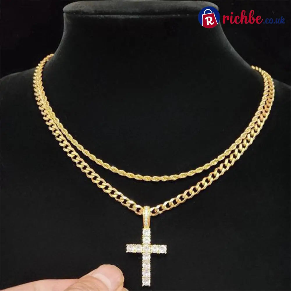 📢📢40% OFF!! ⏰Double Layer Cross Chain Necklace - Gold / 40/45cm - Clothing & Accessories