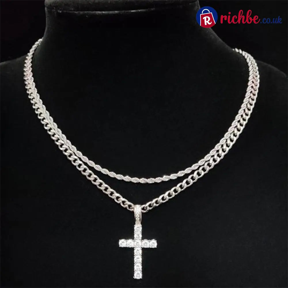 📢📢40% OFF!! ⏰Double Layer Cross Chain Necklace - Silver / 40/45cm - Clothing & Accessories