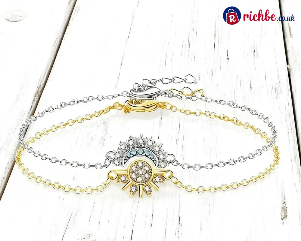 📢📢40% OFF!! ⏰Sun and Moon Pendant Necklace with Rhinestones - Bracelet / Gold-Sun + Silver-Moon - Clothing & Accessories
