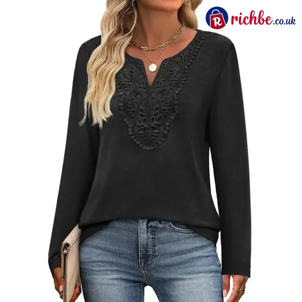 🎉48% Off! ✨-Women’s Bohemian Style Elegant V-Neck Longsleeves Blouse Shirt - Black / S