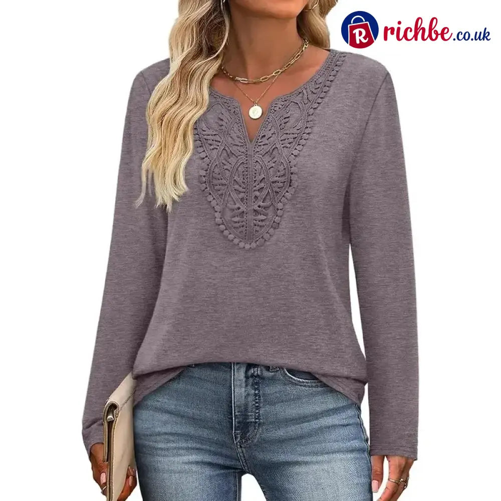 🎉48% Off! ✨-Women’s Bohemian Style Elegant V-Neck Longsleeves Blouse Shirt - Grey Purple / S