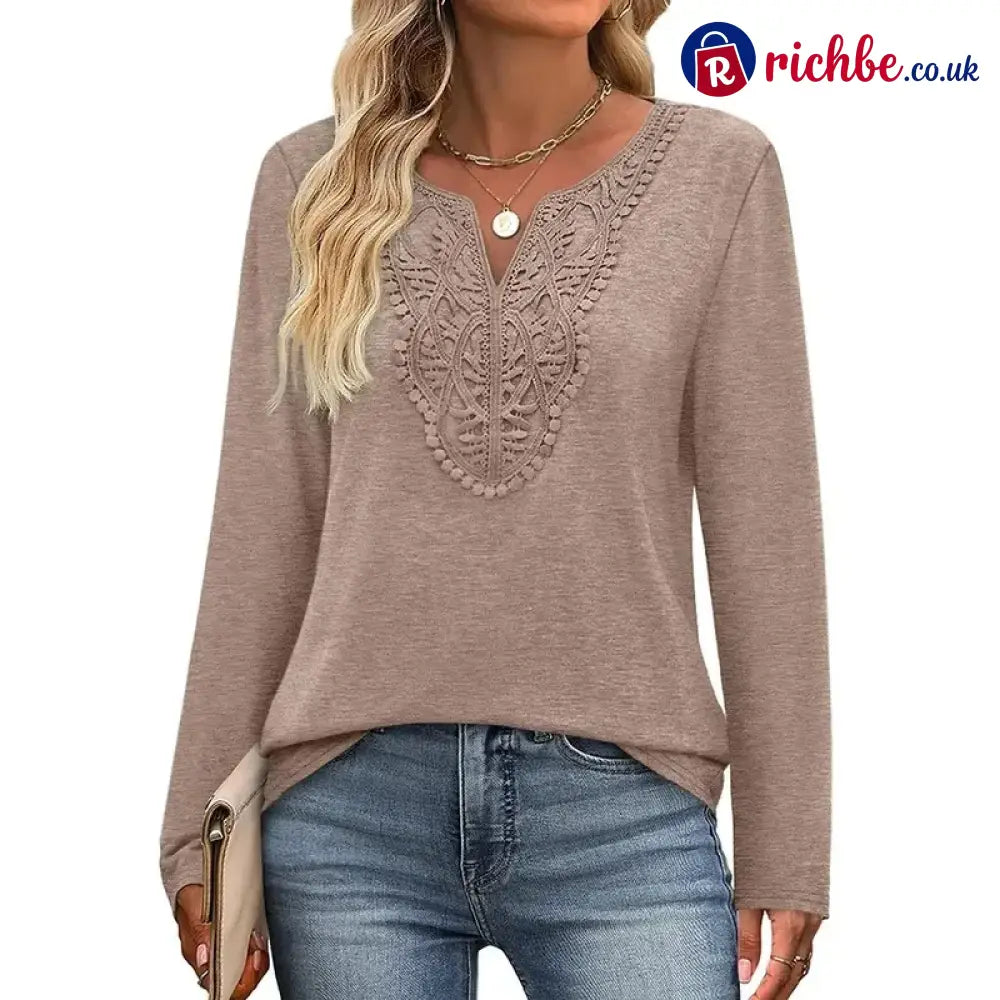 🎉48% Off! ✨-Women’s Bohemian Style Elegant V-Neck Longsleeves Blouse Shirt - Khaki / S