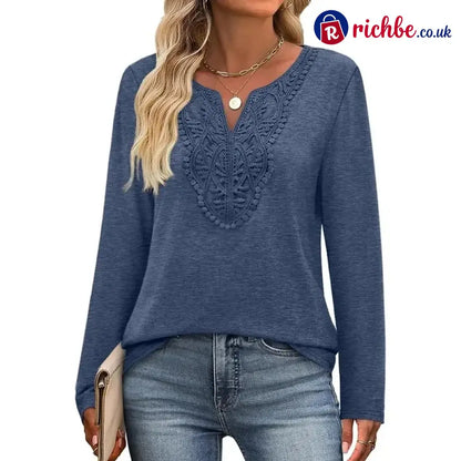 🎉48% Off! ✨-Women’s Bohemian Style Elegant V-Neck Longsleeves Blouse Shirt - Navy / S