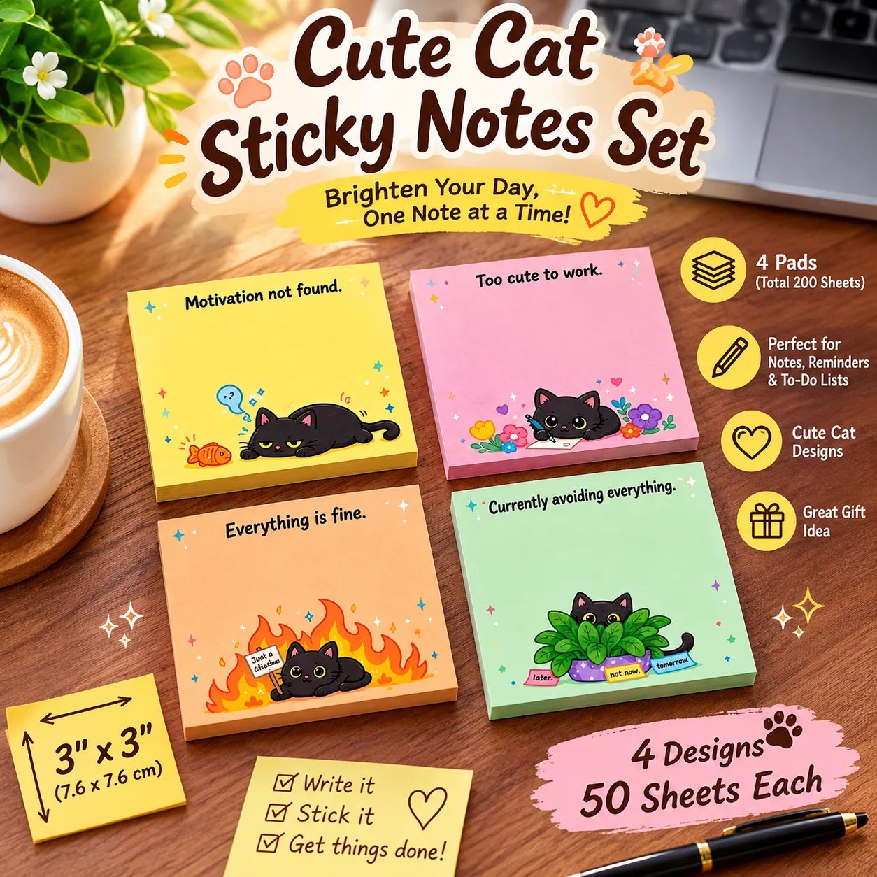 🐾 Sassy Black Cat Sticky Notes – 4 Funny 3" × 3" Memo Pads for Work, School & Home