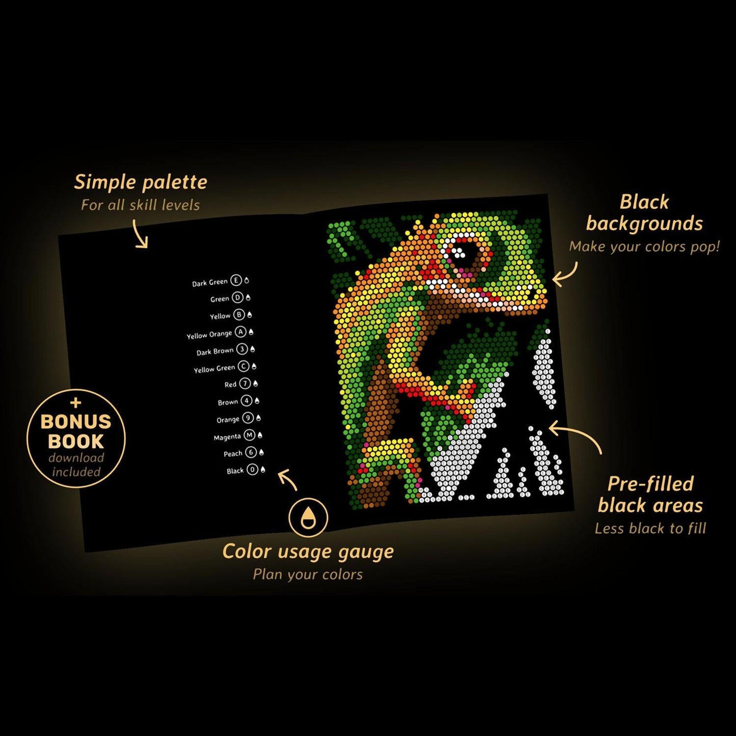 Adult Color by Number Dot Book, 100 Pages Black Background Mystery Puzzles, Large Print A4 Activity Book, Stress Relief Gift for Adults & Teens