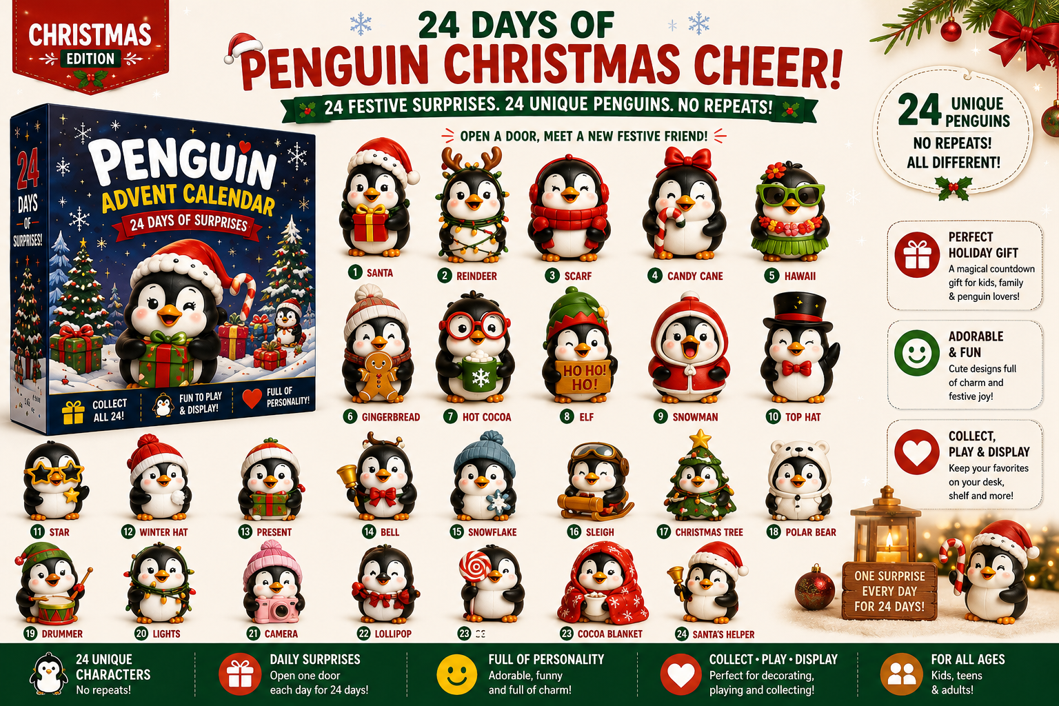 🐧 24 Days of Penguin Surprises Advent Calendar – 24 Unique Penguins, 3 Fun Editions
