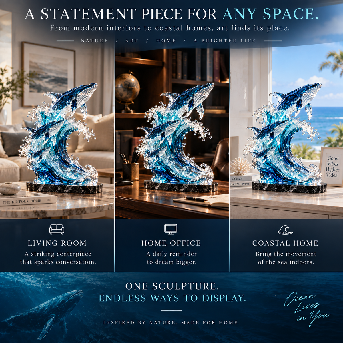 🐋 Becoming Ocean – Three Whales Rising from the Wave Sculpture