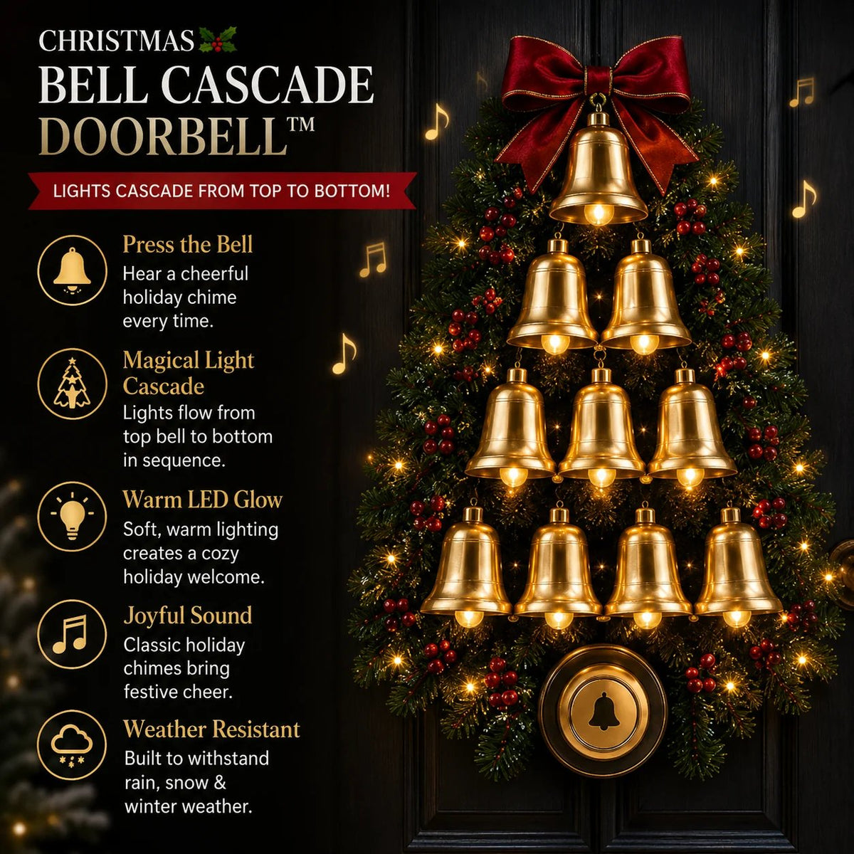 🔔 Christmas Bell Cascade Doorbell™ – Light-Up Holiday Chime Door Decor 🎄