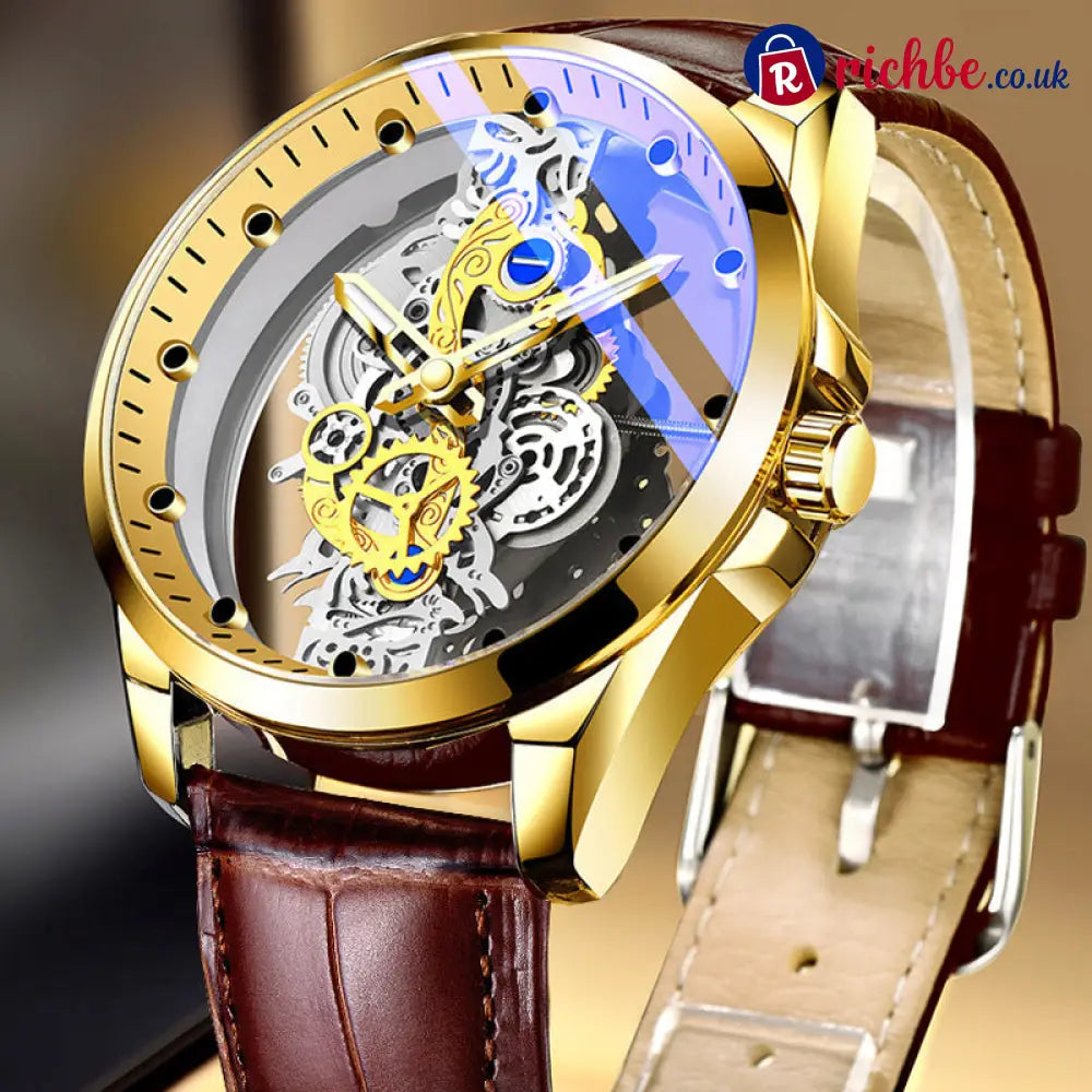 📢📢50% OFF!! ⏰Double-Sided Skeleton Automatic Tourbillon Non-Mechanical Movement Watches - Brown leather gold - Clothing