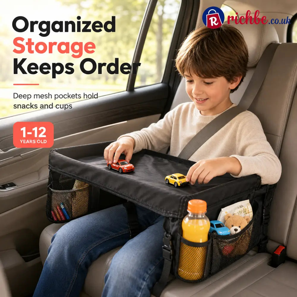 📢📢50% OFF!! ⏰Kids Car Seat Travel Tray Activity Desk with Lap Drawing Board and Baby Stroller Backseat Hanging Storage