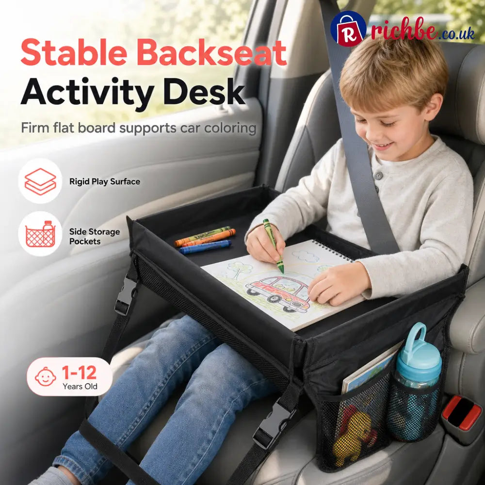 📢📢50% OFF!! ⏰Kids Car Seat Travel Tray Activity Desk with Lap Drawing Board and Baby Stroller Backseat Hanging Storage