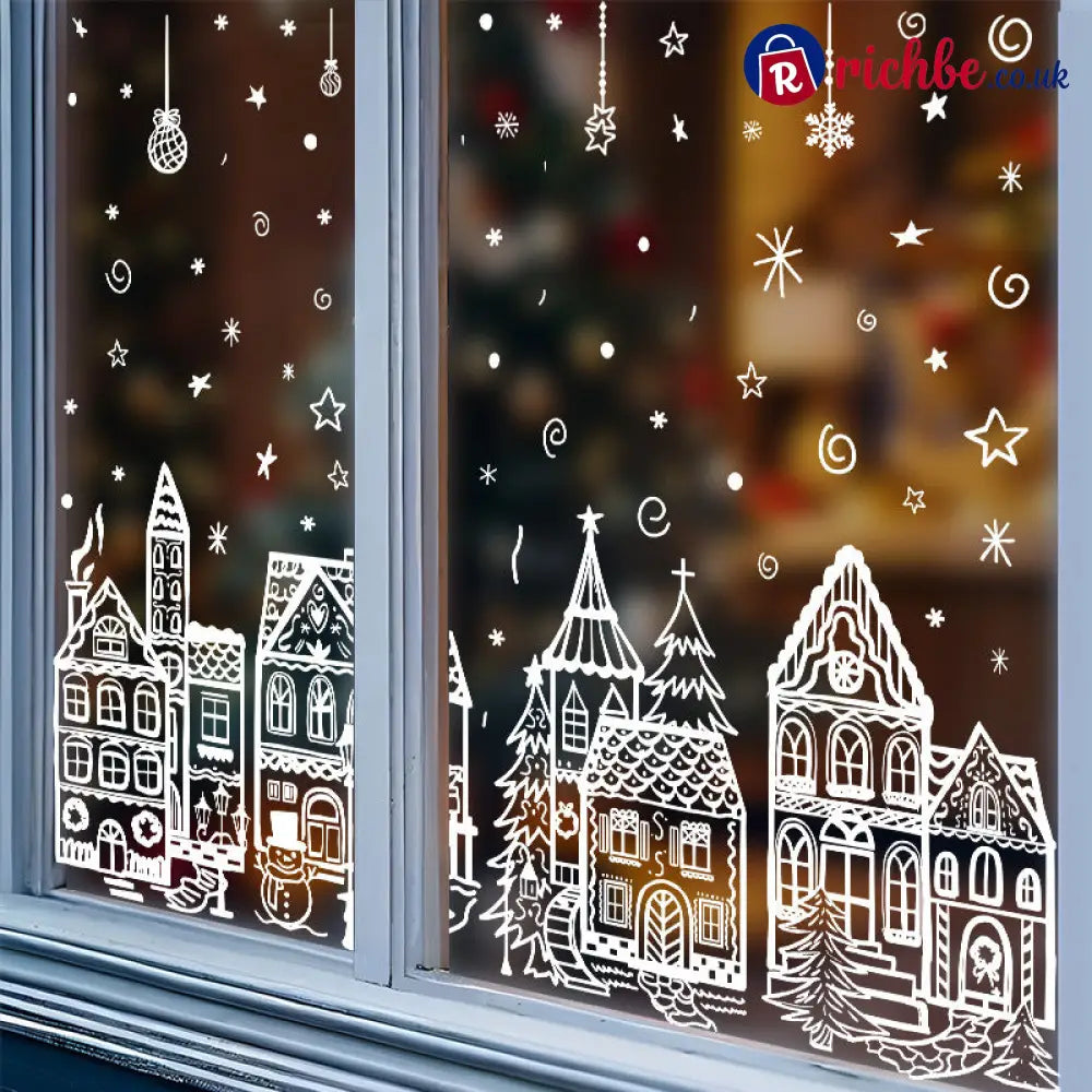 🎄50% OFF NOW! Christmas Village Window Cling Set‑ White Xmas Town Scene Static Window Decals Snowflake House Reusable