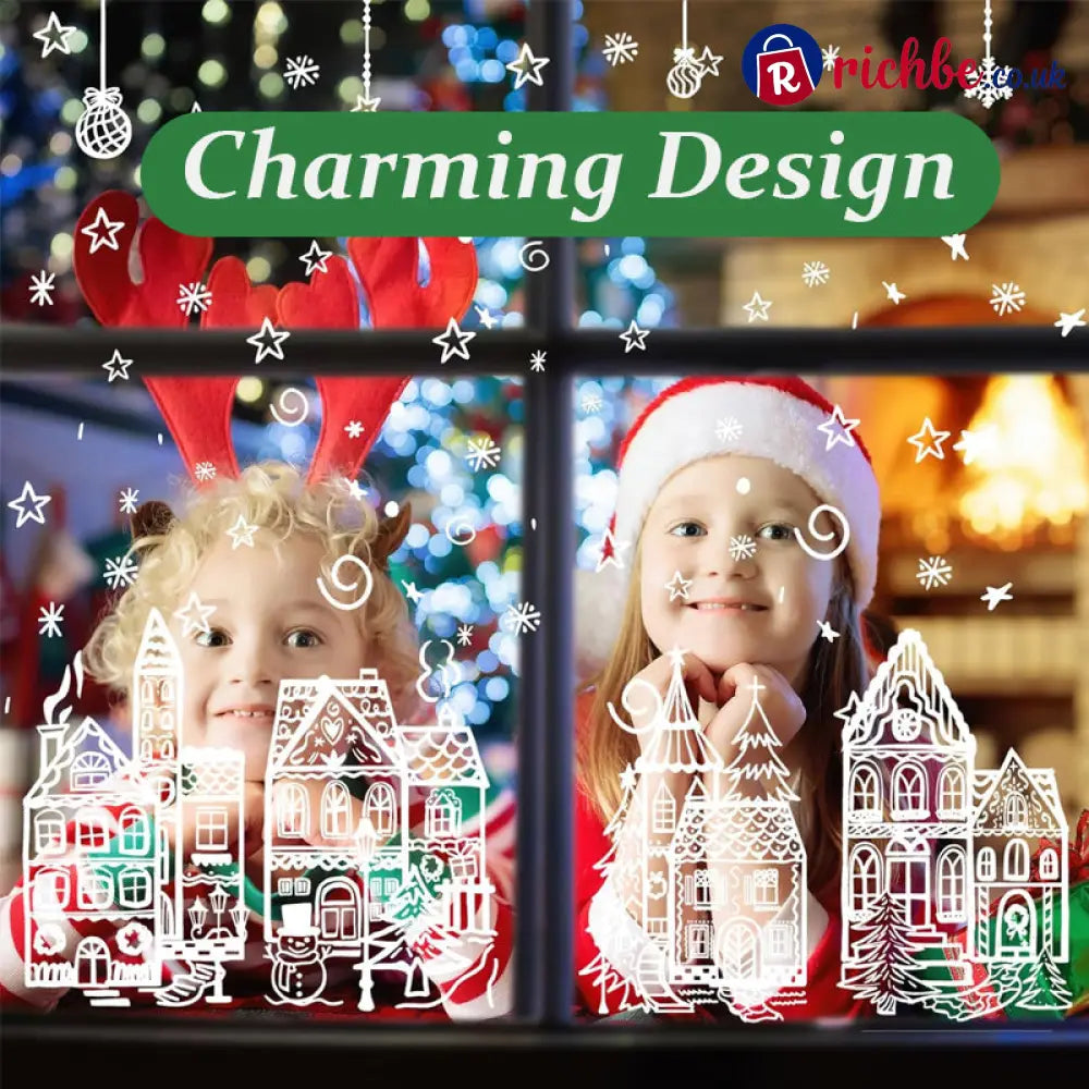 🎄50% OFF NOW! Christmas Village Window Cling Set‑ White Xmas Town Scene Static Window Decals Snowflake House Reusable