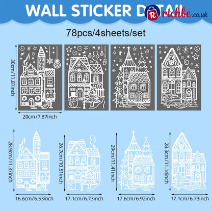 🎄50% OFF NOW! Christmas Village Window Cling Set‑ White Xmas Town Scene Static Window Decals Snowflake House Reusable