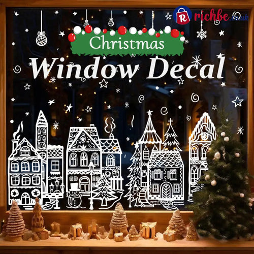 🎄50% OFF NOW! Christmas Village Window Cling Set‑ White Xmas Town Scene Static Window Decals Snowflake House Reusable