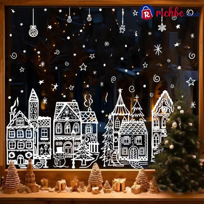 🎄50% OFF NOW! Christmas Village Window Cling Set‑ White Xmas Town Scene Static Window Decals Snowflake House Reusable