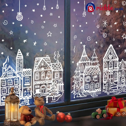 🎄50% OFF NOW! Christmas Village Window Cling Set‑ White Xmas Town Scene Static Window Decals Snowflake House Reusable
