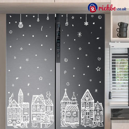 🎄50% OFF NOW! Christmas Village Window Cling Set‑ White Xmas Town Scene Static Window Decals Snowflake House Reusable