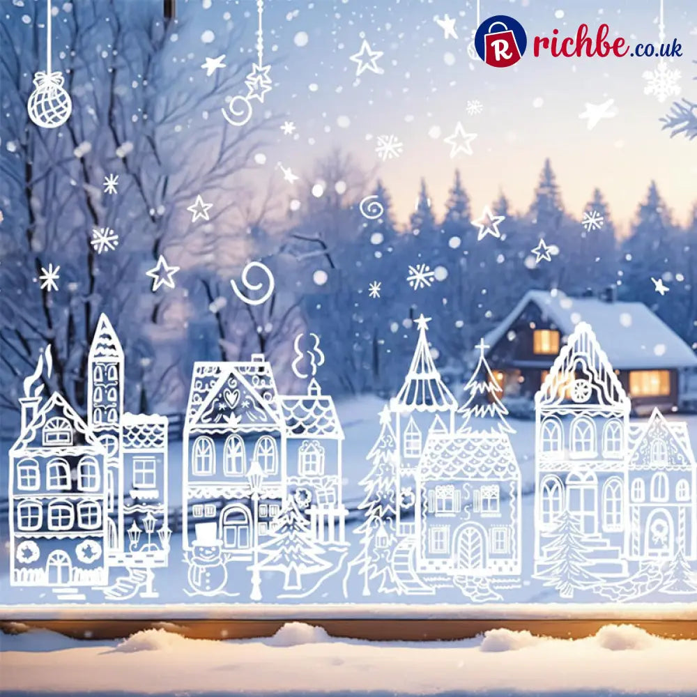 🎄50% OFF NOW! Christmas Village Window Cling Set‑ White Xmas Town Scene Static Window Decals Snowflake House Reusable