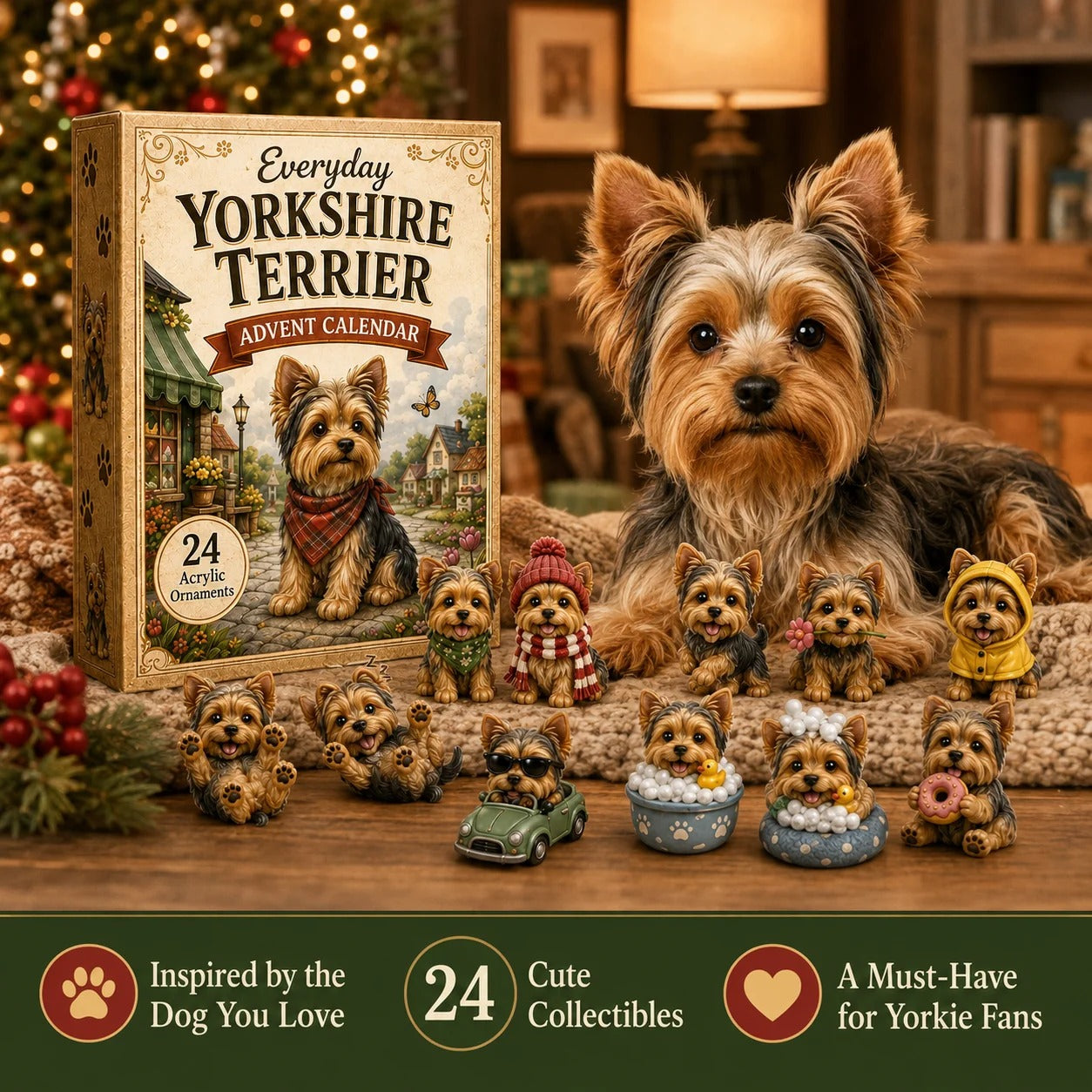 Yorkshire Terrier Advent Calendar – 24 Unique Yorkie Acrylic Ornaments & Daily Christmas Surprises