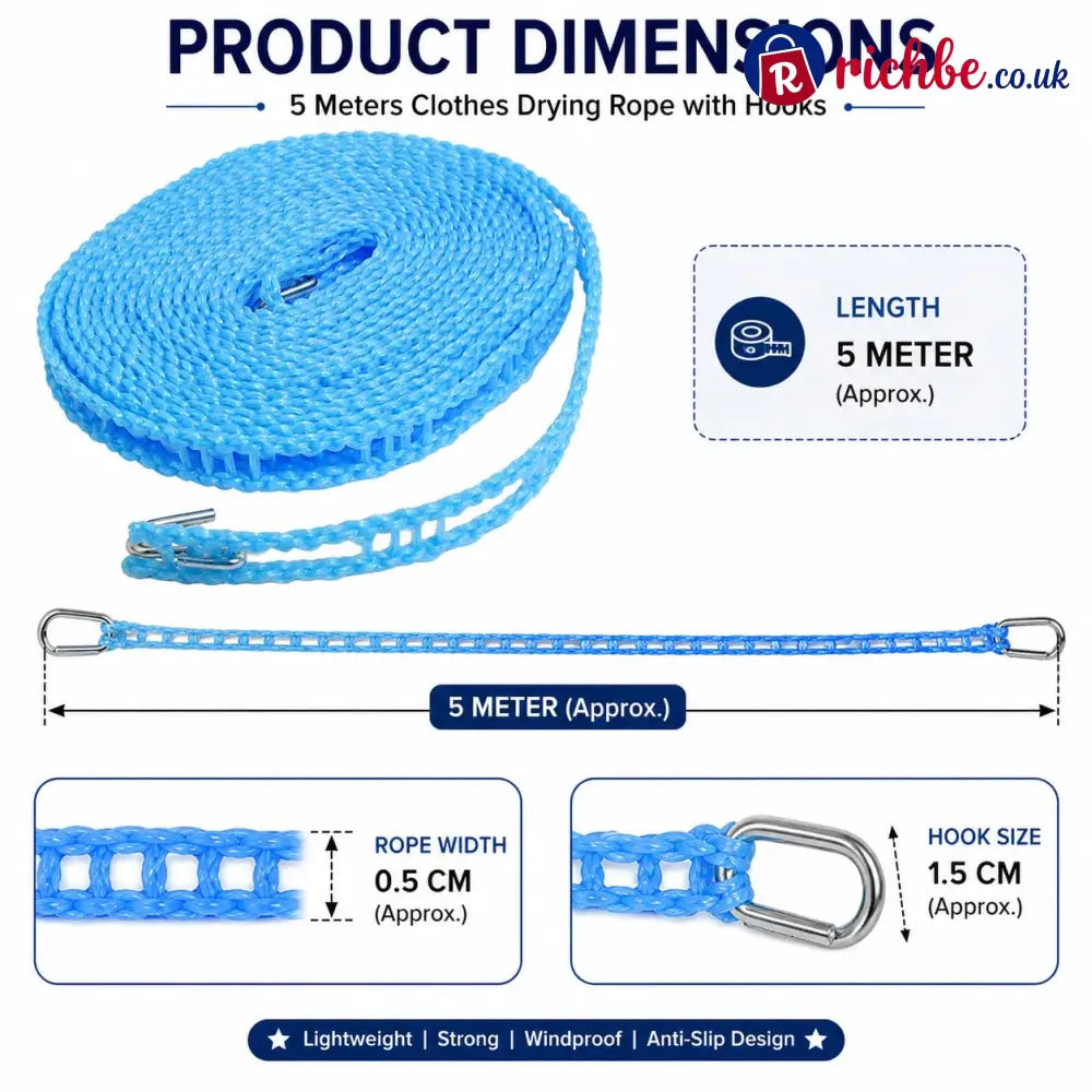 5M Windproof Portable Clothesline with Hooks