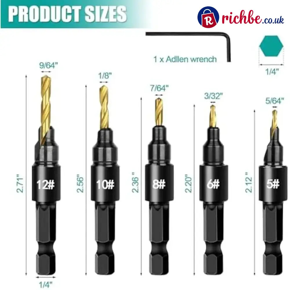 🛠️ 5PCS Countersink Drill Bit Set – Precision Drilling for Perfect Screw Holes - 1 SET(5 PCS)
