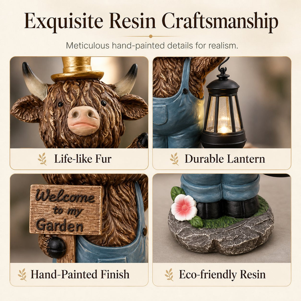 Highland Cow Garden Statue with Solar Lantern and Welcome Sign