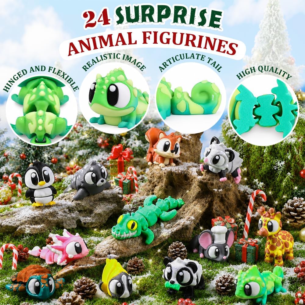 2026 Christmas Advent Calendar with Mini 3D Printed Animals Toys