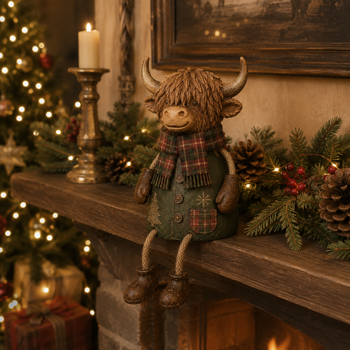 Cozy Christmas Highland Cow Shelf Sitter