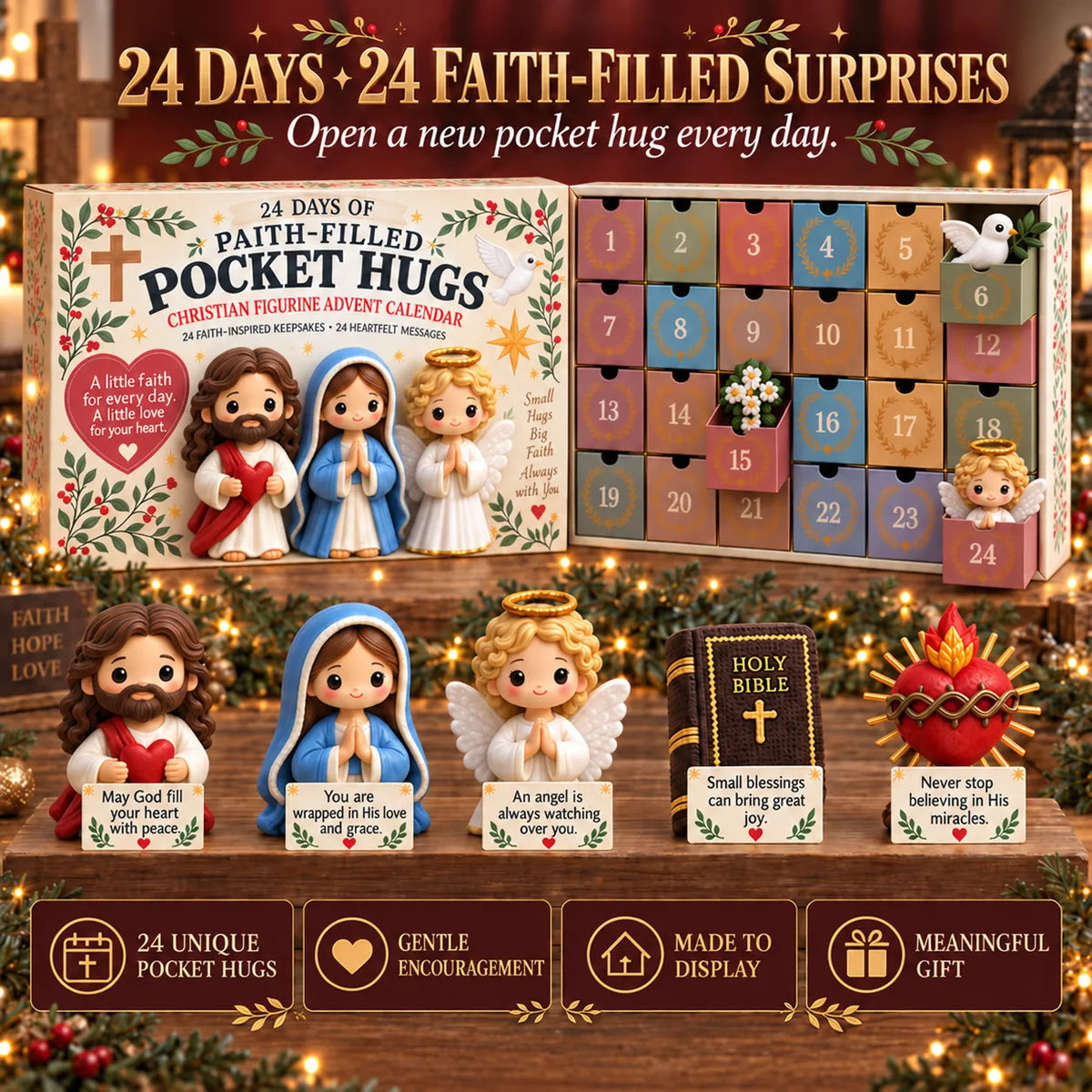✝️ 24 Days of Faith-Filled Advent Calendar | 24 Unique Hand-Painted Christian Keepsakes with Matching Encouragement Cards & No Repeated Designs 🎁