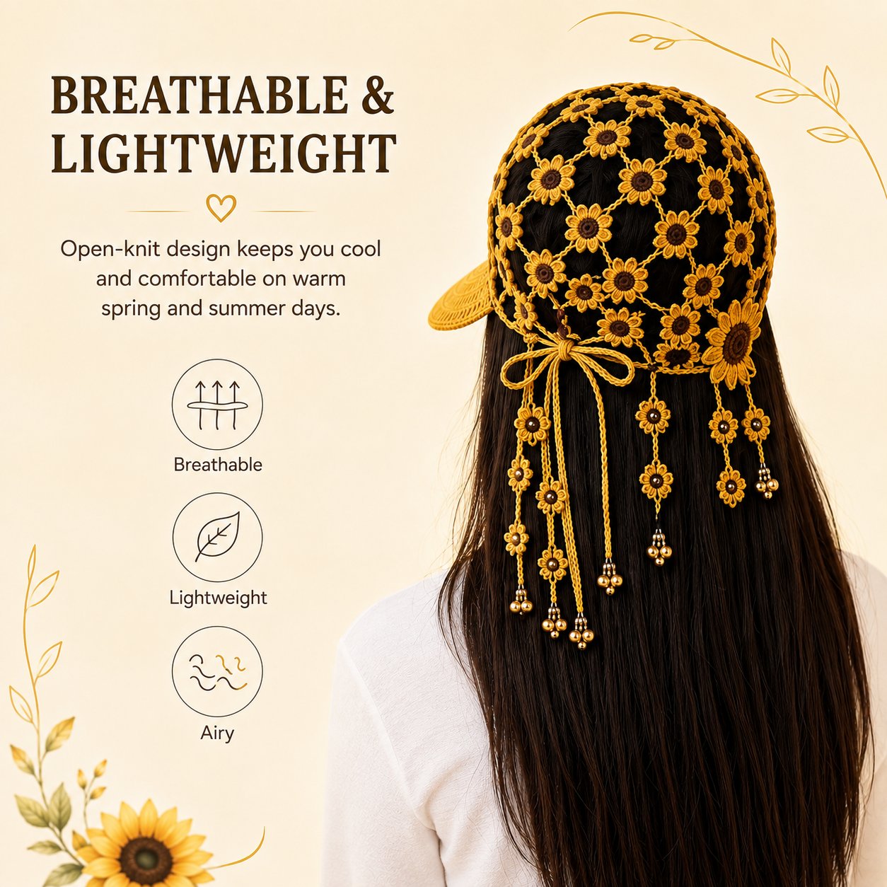 🌻 Knitted Sunflower Hollow-Out Baseball Cap