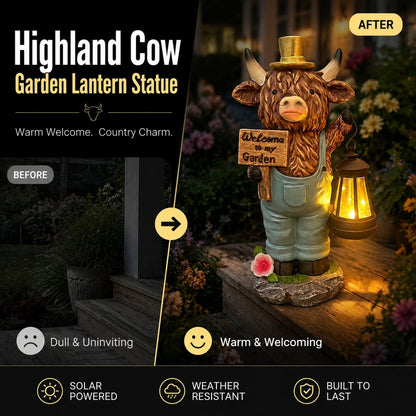 Highland Cow Garden Statue with Solar Lantern and Welcome Sign
