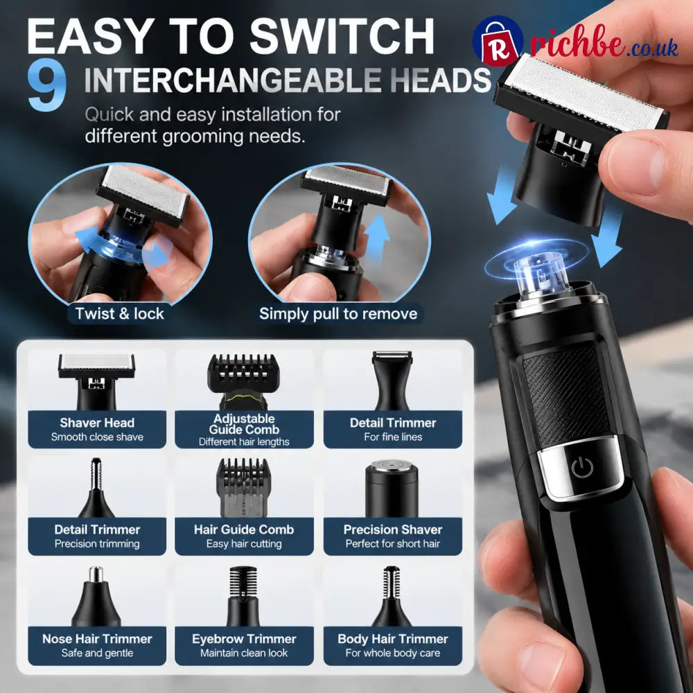 🪒 9-in-1 Electric Grooming Kit For Men – Complete Beard Hair & Body Trimmer