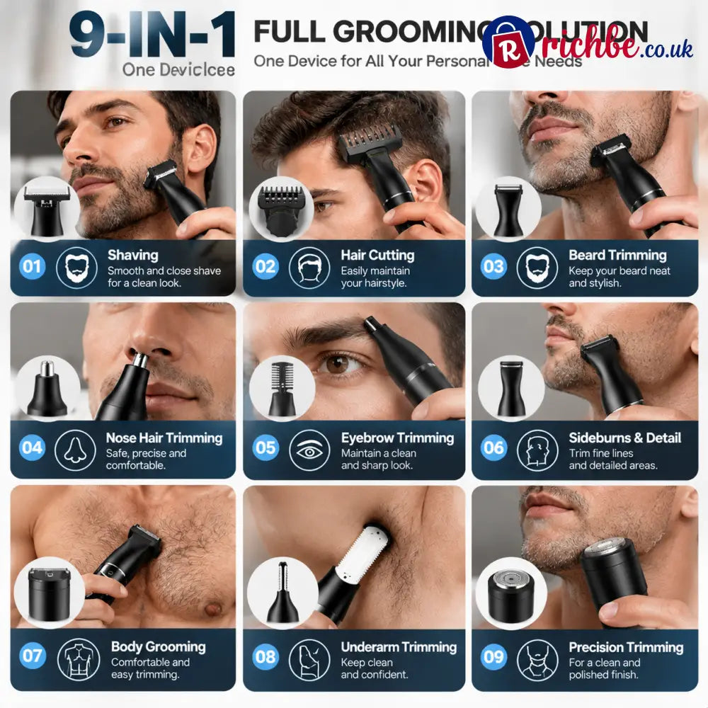 🪒 9-in-1 Electric Grooming Kit For Men – Complete Beard Hair & Body Trimmer