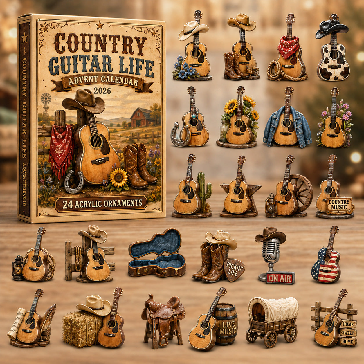 Country Guitar Life Advent Calendar 2026 - 24-Day Festive Countdown, Acrylic Charms Blind Box